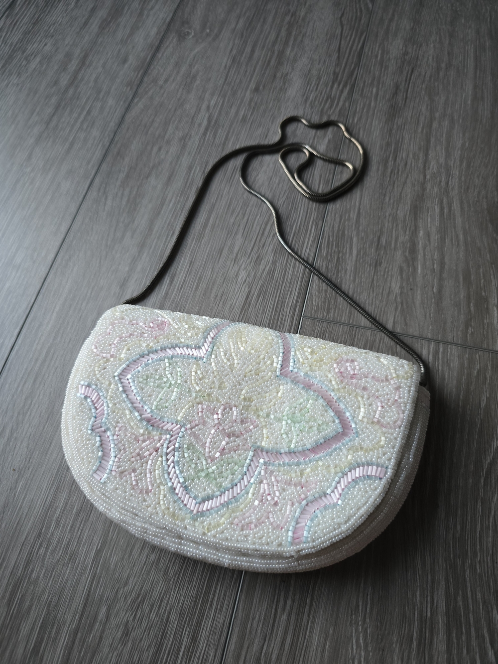 Vintage Jerome's Ivory Pastel Beaded Evening Bag Floral Bridal Clutch Crossbody